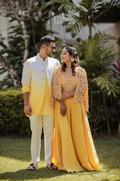 white and yellow ombre sherwani groom haldi outfits