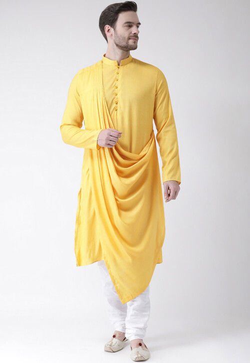 yellow cowl kurta with white churidar for haldi 