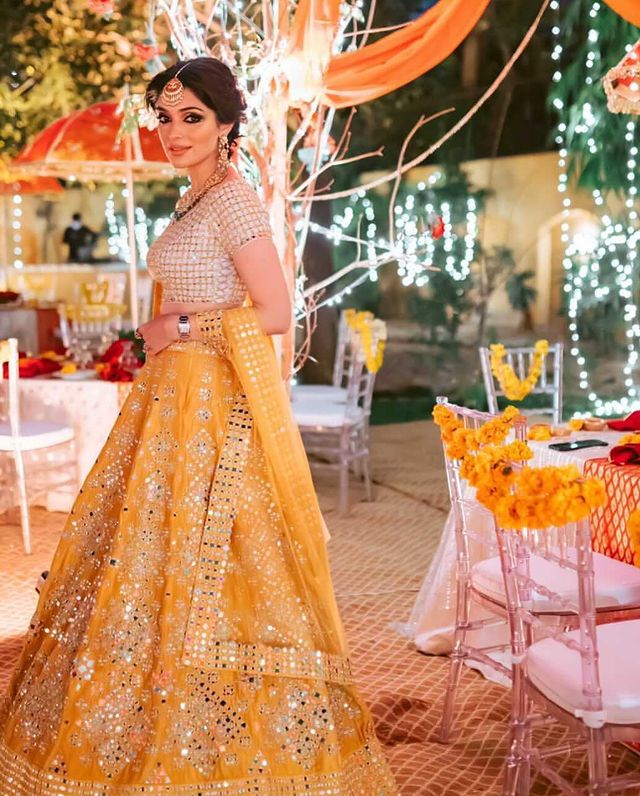 bright yellow lehenga with zari work