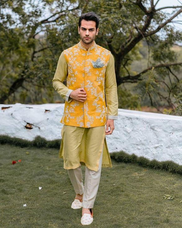 yellow printed nehru jacket groom haldi outfits