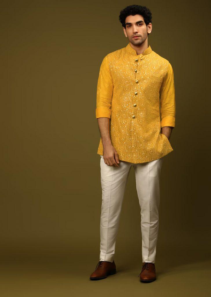 yellow short kurta groom haldi outfits